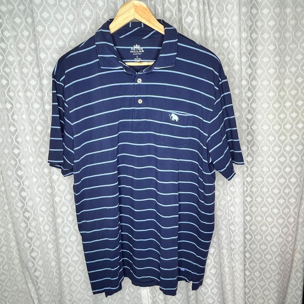 Peter Millar Seaside Wash Navy Striped Golf Polo Shirt Performance Cotton Size L